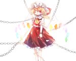  1girl absurdres ascot backlighting chain chained chained_legs chained_wrists closed_mouth collared_shirt feet_out_of_frame flandre_scarlet frilled_skirt frilled_sleeves frills guozimiao hat highres mob_cap multicolored_wings one_eye_closed puffy_short_sleeves puffy_sleeves red_eyes red_skirt red_vest shirt short_sleeves simple_background skirt skirt_set solo touhou vest white_background white_headwear white_shirt wings yellow_ascot 