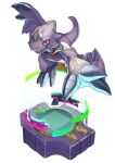  absurd_res action_pose anthro bandai_namco claws digimon digimon_(species) digivice hi_res liecomj looking_at_viewer male monodramon pose purple_body scalie simple_background smile white_background yellow_eyes 