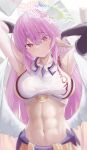  +_+ 1girl abs absurdres angel angel_wings armpits arms_behind_head arms_up bare_shoulders book breasts bridal_gauntlets closed_mouth collarbone commentary compass_rose_halo cowboy_shot crop_top feathered_wings gradient_hair hair_between_eyes halo head_tilt highres jibril_(no_game_no_life) large_breasts long_hair looking_at_viewer low_wings midriff muginosa multicolored_hair navel no_game_no_life orange_eyes pink_hair shirt sideboob sidelocks single_bridal_gauntlet skirt sleeveless sleeveless_shirt smile solo symbol-shaped_pupils tattoo taut_clothes taut_shirt very_long_hair white_shirt white_wings wing_ears wings yellow_skirt 