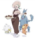  1girl :d apron ascot blush brown_apron brown_ascot brown_skirt buttons commentary_request drill_hair food gloves green_hair hat heracross holding holding_food katy_(pokemon) nejikyuu open_mouth pokemon pokemon_(game) pokemon_sv puffy_sleeves shirt shoes short_sleeves skirt smile standing tarountula teddiursa tray waist_apron white_background white_footwear 