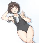  1girl amagami armpits arms_behind_head black_one-piece_swimsuit blunt_bangs blush bob_cut breasts brown_eyes brown_hair collarbone commentary crossed_legs drop_shadow feet_out_of_frame goggles goggles_removed hand_up highres looking_to_the_side lying messy_hair new_school_swimsuit one-piece_swimsuit parted_lips sansho_ss school_swimsuit short_hair small_breasts smile solo swim_cap swim_cap_removed swim_goggles swimsuit sword sword_on_back tachibana_miya weapon weapon_on_back white_background 