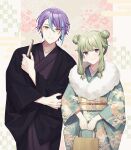  1boy 1girl ap5ry bag black_jacket blue_hair blue_kimono closed_mouth double_bun floral_print folding_fan fur_collar green_hair hair_bun hand_fan haori highres holding holding_bag holding_fan jacket japanese_clothes kamishiro_rui kimono kusanagi_nene long_hair long_sleeves low_tied_sidelocks multicolored_hair new_year obi project_sekai purple_eyes purple_hair purple_kimono sash smile streaked_hair upper_body wide_sleeves yellow_eyes 