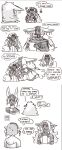  anthro black_and_white bodily_fluids clothed clothing comic costume drawing ear_piercing english_text facial_markings female fursuit group hair head_markings headgear headwear hi_res horn humanoid humanoid_pointy_ears hylian jewelry long_ears long_hair male mammal markings mineru monochrome necklace nintendo paper piercing princess_zelda question_mark rauru_(tears_of_the_kingdom) sonia_(tloz) speech_bubble sweat tears_of_the_kingdom text the_legend_of_zelda zonai 