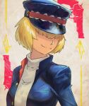  1girl alice_margatroid alternate_costume black_headwear black_jacket blonde_hair breast_pocket breasts closed_mouth commentary_request cookie_(touhou) gakuran gun hair_between_eyes hair_over_eyes hat jacket jigen_(cookie) long_bangs medium_breasts peaked_cap pocket revolver satodesu_cookie school_uniform shirt short_hair smile solo touhou turtleneck upper_body weapon white_shirt 