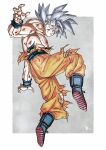  1boy baggy_pants dragon_ball dragon_ball_super full_body highres kakeru_(dbskakeru) looking_at_viewer orange_pants pants simple_background solo son_goku spiked_hair topless_male toriyama_akira_(style) torn_clothes ultra_instinct white_eyes white_hair 