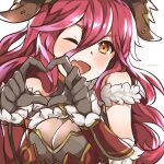  1girl ;d black_gloves breasts cleavage dragalia_lost fang gloves hair_between_eyes heart heart_hands highres long_bangs looking_at_viewer mym_(dragalia_lost) one_eye_closed open_mouth po_pooch red_hair skin_fang smile solo twitter_username upper_body yellow_eyes 