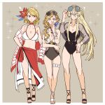  ! 3girls asuka_(junerabitts) azur_lane bare_shoulders bikini bismarck_(azur_lane) bismarck_zwei_(azur_lane) bismarck_zwei_(crystal-clear_holiday)_(azur_lane) black_footwear blonde_hair blue_eyes border breasts brown_background eyewear_on_head flower hair_between_eyes hair_flower hair_ornament hair_over_shoulder hood_(azur_lane) hood_(lady_of_the_shining_sun)_(azur_lane) jewelry large_breasts long_hair looking_at_viewer mismatched_bikini multiple_girls necklace official_alternate_costume one-piece_swimsuit prince_of_wales_(azur_lane) prince_of_wales_(sun_shining_upon_windsor)_(azur_lane) red_eyes red_sarong sarong shawl short_hair simple_background sunglasses swimsuit thigh_strap white_bikini white_border white_footwear 