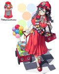  1girl bag balloon box bubble_blowing candy chewing_gum earrings food full_body glasses green_eyes gumball gumball_machine highres jewelry long_sleeves multi-tied_hair original personification pleated_skirt polka_dot_socks red_footwear red_headwear red_skirt rinotuna sash scout_movement shirt shirt_tucked_in shoes shoulder_bag skirt socks solo standing twintails v-shaped_eyebrows wagon white_shirt 