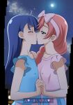  2girls blue_hair blue_shirt blue_sky blush_stickers braid breasts closed_eyes closed_mouth collarbone commentary_request green_eyes hair_over_shoulder highres hirogaru_sky!_precure kiss long_hair multiple_girls nijigaoka_mashiro pink_hair pink_shirt precure shirt single_braid skirt sky small_breasts sora_harewataru tooo translation_request white_skirt yuri 