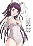  3girls :o animal_ears bandaged_arm bandages bare_shoulders breasts brown_eyes cleavage cowboy_shot danganronpa:_trigger_happy_havoc danganronpa_(series) danganronpa_2:_goodbye_despair fake_animal_ears grey_leotard highres kirigiri_kyoko large_breasts leotard long_hair looking_down multiple_girls nanami_chiaki playboy_bunny pointacid_(po_yin_to) purple_hair rabbit_ears simple_background solo_focus speech_bubble teeth translation_request tsumiki_mikan upper_teeth_only white_background 