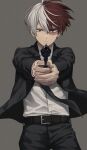  1boy aiming aiming_at_viewer akiyama_(noconoco) belt belt_buckle black_belt black_jacket black_necktie black_pants blue_eyes boku_no_hero_academia buckle burn_scar buttons closed_mouth collared_shirt commentary_request dress_shirt formal grey_background gun hair_between_eyes handgun hands_up heterochromia highres holding holding_gun holding_weapon jacket lapels long_sleeves looking_at_viewer male_focus multicolored_hair necktie open_clothes open_jacket pants purple_eyes red_hair scar scar_on_face serious shirt shirt_tucked_in short_hair simple_background solo split-color_hair standing suit todoroki_shouto two-tone_hair v-shaped_eyebrows weapon white_hair white_shirt 