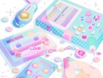  bandaid blonde_hair cassette_tape chouzetsusaikawa_tenshi-chan closed_eyes game_boy handheld_game_console highres needy_girl_overdose ote_mo pill pink_nails quad_tails star_sticker sticker 