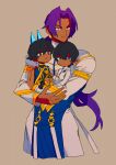  3boys arjuna_(fate) arjuna_alter_(fate) bhima_(fate) bhima_(second_ascension)_(fate) black_hair blue_horns brothers carrying carrying_person cowboy_shot dark-skinned_male dark_skin fate/grand_order fate_(series) glowing_horns horns long_hair long_sleeves looking_at_viewer looking_to_the_side male_focus multiple_boys ponytail purple_eyes purple_hair siblings simple_background tnaym white_background 