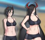  2girls alternate_costume arms_behind_back azur_lane bike_shorts black_hair black_shorts black_sports_bra breasts cleavage english_commentary facing_viewer friedrich_der_grosse_(azur_lane) hair_between_eyes hair_over_one_eye hand_on_own_hip highres hip_focus horns large_breasts long_hair looking_afar looking_at_another medium_breasts medium_hair medium_support_(meme) meme midriff multiple_girls navel shorts smile sports_bra sportswear ulrich_von_hutten_(azur_lane) very_long_hair whiter_23 yellow_eyes 