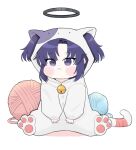  1girl :&lt; alternate_costume animal_costume blue_archive blush_stickers cat_costume chibi commentary_request halo highres long_hair long_sleeves looking_at_viewer parted_bangs puffy_cheeks purple_eyes purple_hair sidelocks simple_background sitting solo spread_legs two_side_up yarn yarn_ball yosik yuuka_(blue_archive) 