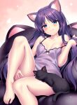  1girl animal_ear_fluff animal_ears animal_on_lap bare_arms bare_legs bare_shoulders barefoot black_cat blue_eyes blush breasts c: camisole cat cat_ears cat_girl cat_on_lap closed_mouth collarbone commentary_request couch curvy eyelashes eyes_visible_through_hair foot_out_of_frame hair_between_eyes hair_down hair_spread_out hand_on_own_thigh hand_up holding holding_hair knee_up little_busters! long_hair looking_at_viewer no_bra off_shoulder on_couch on_lap parted_bangs paw_cutout pink_background purple_camisole purple_hair sasasegawa_sasami seductive_smile shiny_skin sidelocks simple_background sitting small_breasts smile solo thighs tsurime very_long_hair zen_(kamuro) 