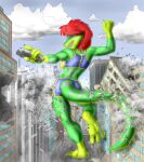  2006 anthro bottomwear bra breasts building_destruction bulge chaswari city_destruction clothing cloud death doral gecko green_body hair hotpants intersex lizard long_tail macro red_hair reptile scalie shorts sky smile solo sports_bra stomping stripes tail underwear 