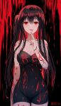  1girl absurdres arm_at_side armpit_crease bare_shoulders black_background black_hair black_nails black_wristband blood blood_on_breasts blood_on_clothes blood_on_face blood_on_hands blood_on_leg blood_splatter blood_writing blush breasts cc_lin chinese_commentary cleavage collarbone colored_eyelashes commentary_request cowboy_shot double-parted_bangs dress eyelashes finger_to_own_chin groin hair_between_eyes hair_over_breasts hand_up highres index_finger_raised large_breasts long_hair looking_at_viewer nail_polish open_mouth original red_eyes side_ponytail skin_tight smile solo standing straight-on straight_hair strapless strapless_dress teeth twitter_username upper_teeth_only very_long_hair 
