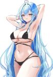  1girl armpits arms_behind_back bikini black_bikini blue_hair breasts brown_eyes cowboy furrowed_brow hair_between_eyes highres hololive large_breasts long_hair looking_at_viewer navel sidelocks simple_background sketch smile solo standing stomach swimsuit thighs unfinished white_background ya_ta yukihana_lamy 