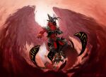 absurd_res anthro armor big_tail detailed_background drunk_ferret fluffy fluffy_tail gold_(metal) hi_res machine male metal metallic_body protogen red_body red_wings rune runes sky solo tail wings 