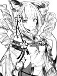  1girl animal_ears bare_shoulders bodysuit braid closed_mouth detached_sleeves dog_ears granblue_fantasy greyscale hand_up highres looking_at_viewer monochrome monogrbl rope shimenawa short_eyebrows short_hair smile solo thick_eyebrows upper_body vajra_(granblue_fantasy) 