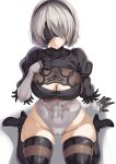  1girl 2b_(nier:automata) absurdres black_blindfold black_hairband blindfold breasts cameltoe cleavage cleavage_cutout closed_mouth clothing_cutout covered_navel gloves grey_hair hairband highleg highleg_leotard highres juliet_sleeves large_breasts leotard long_sleeves mole mole_under_mouth nier:automata nier_(series) parapetto puffy_sleeves short_hair simple_background sitting skindentation solo thighs wariza white_background 