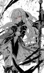  1girl absurdres blood blood_on_clothes blood_on_face boots closed_mouth dress expressionless flower glowing glowing_eyes greyscale hair_ribbon highres holding holding_sword holding_weapon honkai:_star_rail honkai_(series) jdb_moon jingliu_(honkai:_star_rail) long_hair lotus monochrome red_eyes ribbon solo sword upper_body weapon white_background 