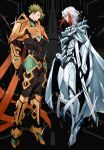  2boys absurdres achilles_(fate) armor black_background closed_mouth fate/grand_order fate_(series) full_body glint gold_armor green_hair hair_between_eyes haruakira highres looking_at_another male_focus metal_boots multicolored_hair multiple_boys odysseus_(fate) orange_eyes orange_sash short_hair smile streaked_hair undercut white_armor white_hair yellow_eyes 
