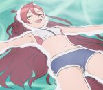  1girl :d afloat armpits breasts haruyama_kazunori long_hair open_mouth precure red_hair small_breasts smile solo swimsuit takizawa_asuka tropical-rouge!_precure water 