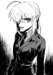  1girl ahoge amemasu79 artoria_pendragon_(fate) collared_shirt commentary expressionless fate/zero fate_(series) formal greyscale highres long_hair looking_at_viewer monochrome necktie open_mouth ponytail saber shirt sketch solo suit upper_body 