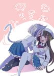  2girls :3 all_fours animal_ears assault_lily beret black_hair black_thighhighs blue_skirt blush bob_cut buttons cat_ears cat_girl cat_tail commentary_request ear_piercing eye_contact face-to-face frilled_skirt frills girl_on_top grey_hair hands_on_another&#039;s_shoulders hat hat_ribbon heart herensuge_girls_academy_school_uniform honkawa_works jacket kagawa_makina kemonomimi_mode kneeling knees_up long_hair long_sleeves looking_at_another looking_down looking_up miniskirt mole mole_above_mouth morimoto_yuni motion_lines multiple_girls no_shoes open_mouth parted_lips piercing pink_background pink_eyes pleated_skirt profile ribbon school_uniform short_hair sitting skirt smile soles tail tail_raised tail_wagging thighhighs two-tone_background very_long_hair white_background white_headwear white_jacket white_thighhighs yellow_ribbon yuri zettai_ryouiki 