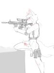 absurd_res anthro assault_rifle balls blush bodily_fluids canid canine clothing erection genital_fluids genitals gloves gun handwear harness hi_res holding_gun holding_object holding_weapon humanoid_genitalia humanoid_penis leaking_precum magazine_(gun) male mammal nude penis precum ranged_weapon rifle scope shirocn simple_background solo solo_focus tail weapon 