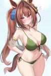  1girl animal_ears ass_visible_through_thighs bare_shoulders bead_necklace beads bikini blush bow breasts brown_hair cleavage collarbone commission daiwa_scarlet_(umamusume) green_bikini green_bow hair_bow hair_intakes halterneck hands_on_own_hips highres horse_ears horse_girl horse_tail jewelry kibihimi large_breasts long_hair looking_at_viewer navel necklace red_eyes skeb_commission sketch solo squiggle swimsuit tail thighs twintails umamusume very_long_hair white_background 