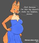  2023 4_fingers anthro belly big_belly breasts canid canine claws clothed clothing dialogue diane_foxington digital_media_(artwork) dreamworks dress dweevil english_text female finger_claws fingers fox fur hi_res humanoid_hands mammal open_mouth open_smile orange_body orange_fur pink_nose pregnant pregnant_female signature smile solo teeth text the_bad_guys tongue 