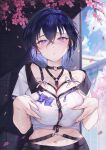  1girl absurdres blue_hair blush breasts cherry_blossoms cleavage collarbone crossed_bangs day falling_petals hair_between_eyes hands_on_own_breasts hands_up highres large_breasts looking_at_viewer navel original outdoors parted_lips petals purple_eyes qiandaiyiyu shirt short_hair short_sleeves solo upper_body white_shirt 