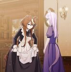  2girls absurdres alternate_costume animal_ears apron black_dress blue_eyes bowing brown_hair candle closed_mouth collared_dress dress ears_down enmaided feet_out_of_frame habsida_(habsida_hpy) hair_down highres horse_ears indoors long_hair long_sleeves maid maid_apron mejiro_mcqueen_(umamusume) multicolored_hair multiple_girls open_mouth purple_dress purple_hair short_sleeves skirt_hold standing streaked_hair tail tail_through_clothes tokai_teio_(umamusume) umamusume 