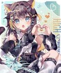  1girl animal_ears black_choker black_hair blue_eyes blush cat_ears choker coco7 grey_nails heart heart_hands jacket leg_warmers looking_at_viewer multicolored_hair multicolored_nails nijisanji nijisanji_en open_clothes open_jacket open_mouth orange_hair orange_nails petra_gurin solo virtual_youtuber 