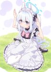  1girl :o alternate_costume animal apron arms_up black_bow black_dress black_footwear blue_archive bow commentary_request dress enmaided frilled_apron frilled_dress frills grey_hair hair_between_eyes hair_bow halo harada_(sansei_rain) headgear headset highres long_hair looking_at_viewer maid maid_apron maid_headdress miyako_(blue_archive) on_grass parted_lips puffy_short_sleeves puffy_sleeves purple_eyes rabbit rabbit_pose sailor_collar shoes short_sleeves solo very_long_hair white_apron white_sailor_collar 