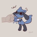  2023 advos ambiguous_gender anthro anthro_focus bodily_fluids cute_eyes dot_eyes duo english_text fur generation_4_pokemon gesture grey_background human male_(lore) mammal motion_lines nintendo onomatopoeia pokemon pokemon_(species) riolu signature simple_background solo_focus sound_effects spikes spikes_(anatomy) standing sweat sweatdrop text tuft whining 