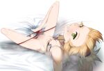  1girl absurdres artist_name bare_shoulders barefoot bed_sheet blonde_hair breasts cheeso_art clenched_teeth collarbone fate/grand_order fate_(series) green_eyes highres jewelry knees_up looking_at_viewer mordred_(fate) mordred_(fate/apocrypha) navel necklace nipples panties panty_pull pointy_breasts pussy small_breasts smile solo stomach teeth underwear white_background 