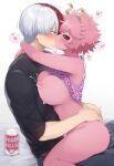  ai-generated ashido_mina blue_eyes blush boku_no_hero_academia bottle clothed_sex colored_skin couple cum drejon french_kiss heart highres horns kiss lactation milk_bottle non-web_source pink_hair pink_skin riding sitting source_request todoroki_shouto white_background white_hair 