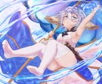  1girl ahoge animal_ears arm_up armpits blue_eyes eye_symbol granblue_fantasy harvin hk_nh3cooh looking_at_viewer parasol short_hair smile solo umbrella wamdus_(granblue_fantasy) white_hair white_umbrella 