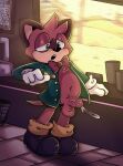  anthro balls barry_(sonic) belly bodily_fluids bottomless bow_tie clothed clothing cum erection footwear fur genital_fluids genitals green_eyes hi_res macropod male mammal marsupial navel orgasm penis quokka red_body red_fur salamikii sega shoes slightly_chubby solo sonic_the_hedgehog_(series) the_murder_of_sonic_the_hedgehog 