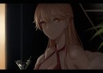  1girl alcohol bare_shoulders blonde_hair braid breasts cleavage closed_mouth cocktail cocktail_glass commentary_request cup dress drink drinking_glass earrings feather_boa girls&#039;_frontline halter_dress halterneck highres holding holding_cup indoors jewelry large_breasts letterboxed long_hair looking_at_viewer official_alternate_costume olive ots-14_(girls&#039;_frontline) ots-14_(ruler_of_the_banquet)_(girls&#039;_frontline) plant red_dress selcky solo yellow_eyes 