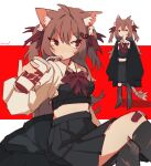  1girl ahoge animal_ears black_cardigan black_shirt black_skirt black_socks bow bowtie brown_hair cardigan cat_ears cat_tail closed_mouth collared_shirt cropped_shirt crossed_legs cup disposable_cup evil_neuro-sama hair_ornament hand_up highres holding holding_cup indie_virtual_youtuber long_hair multiple_views neuro-sama pasharuu red_bow red_bowtie red_eyes shirt skirt skull_hair_ornament socks tail virtual_youtuber white_shirt 