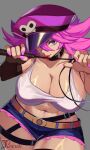  1girl abs absurdres big_hair blue_shorts breasts cleavage commission crop_top denim denim_shorts hat highres holding holding_whip large_breasts licking looking_at_viewer peaked_cap poison_(final_fight) shorts street_fighter tank_top tongue tongue_out ttt_(titatuem) 