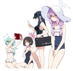  4girls arius_squad_(blue_archive) artpatient atsuko_(blue_archive) bare_arms bare_legs bare_shoulders barefoot bikini black_hair black_one-piece_swimsuit blue_archive blue_eyes blue_hair blue_halo blush book braid breasts cleavage closed_mouth colored_inner_hair flat_chest frilled_bikini frilled_one-piece_swimsuit frills green_hair green_halo hair_between_eyes halo hat hiyori_(blue_archive) holding holding_book holding_paper large_breasts long_hair medium_breasts misaki_(blue_archive) multicolored_hair multiple_girls navel one-piece_swimsuit open_book paper pink_hair red_eyes red_halo saori_(blue_archive) short_hair side_ponytail simple_background small_breasts swimsuit twin_braids white_background white_bikini white_headwear 
