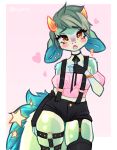  anthro bow_ribbon choker clothing corel crop_top dragon girly gold_(metal) gold_jewelry green_body green_hair hair horn jewelry legwear male necklace shirt slime star stockings straps topwear valeria_fills yellow_eyes 