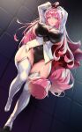  1girl arms_up black_leotard blue_eyes boots bound bound_wrists breasts closed_mouth commission highres large_breasts leotard long_hair long_sleeves looking_at_viewer mad_kimo original pink_hair restrained solo thigh_boots thighs white_footwear 