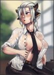  1girl animal_ears between_breasts black_necktie black_pants blue_eyes blurry blurry_background blush braid braided_ponytail breasts briefcase brown_horns commentary covered_nipples cow_ears cow_girl cow_horns cowboy_shot english_commentary highres horns large_breasts long_hair looking_afar looking_to_the_side messy_hair nandi_(puchirisu) necktie necktie_between_breasts no_bra office_lady one_eye_closed open_mouth original pants puchirisu see-through see-through_shirt shiny_skin shirt sleeves_rolled_up solo wet wet_clothes wet_shirt white_hair 